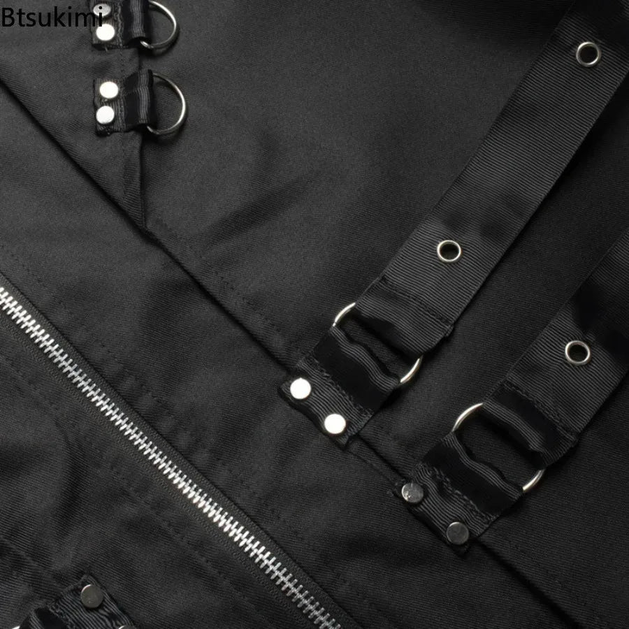 Black Steampunk Trench Coat With Rings Design