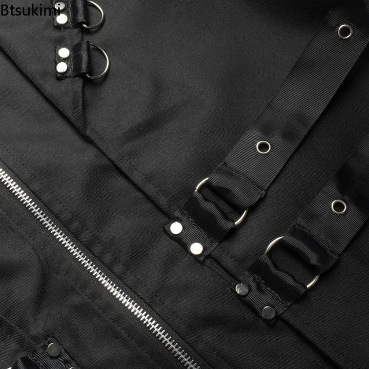 Black Steampunk Trench Coat With Rings Design