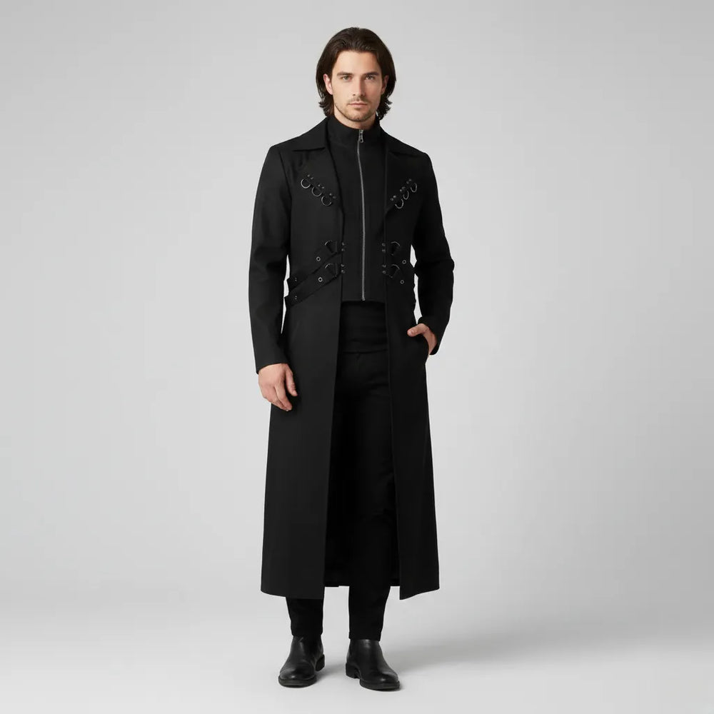 Black Steampunk Trench Coat With Rings Desing