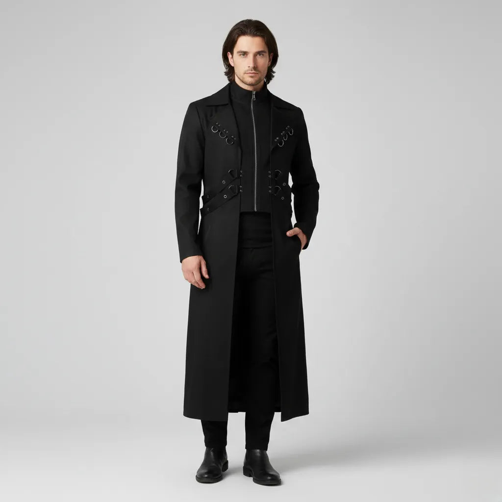 Black Steampunk Trench Coat With Rings Desing