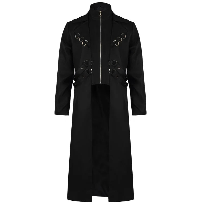 Black Steampunk Trench Coat With Rings Stylish