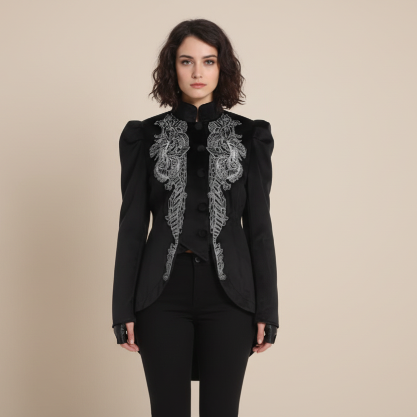 Black Victorian Steampunk Jacket With Puffed Shoulders