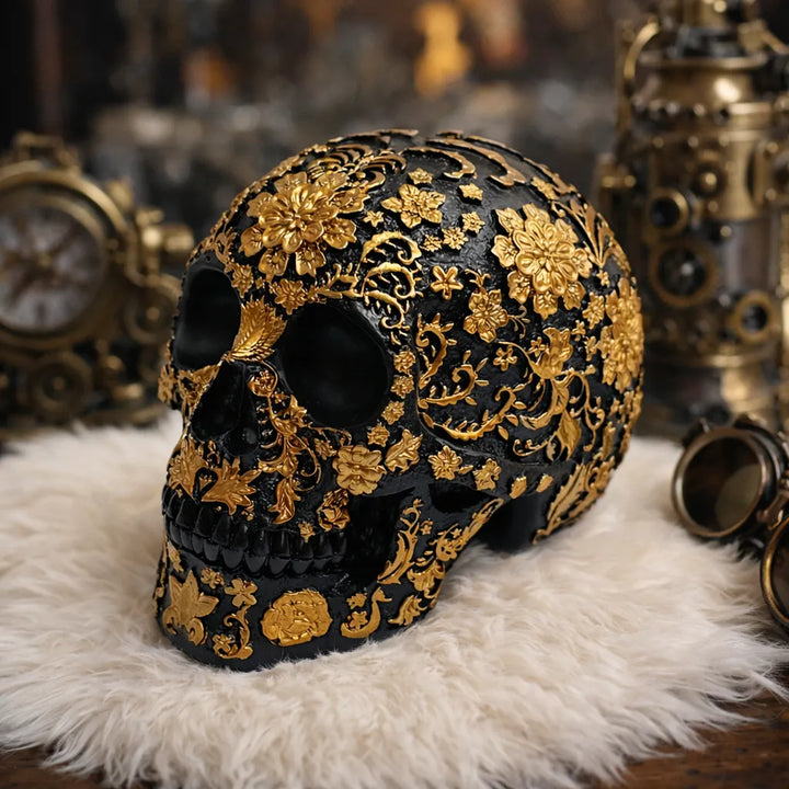 Black and Gold Steampunk Skull Sculpture