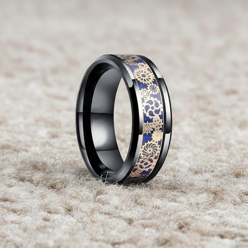 Blue Steampunk Ring With Gears