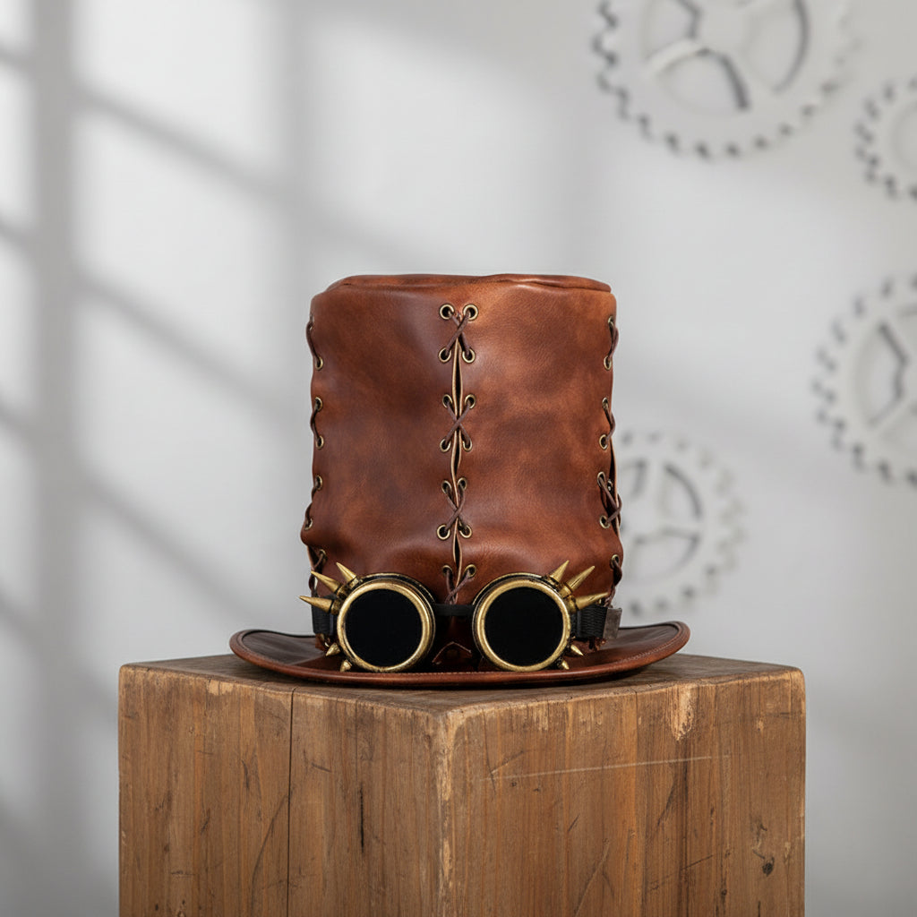 Brown Leather Steampunk Top Hat with Glasses