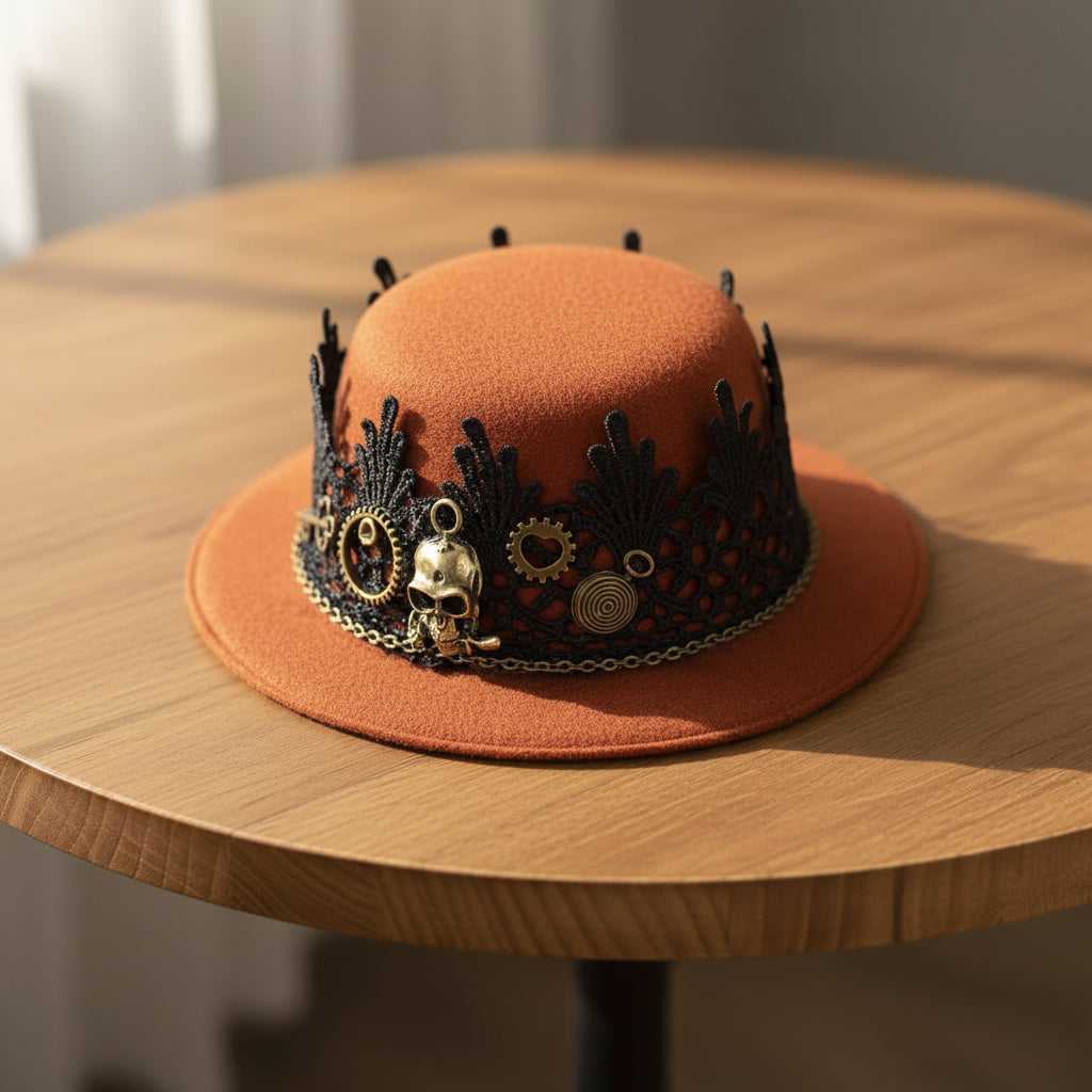 Brown Steampunk Lace Hat With a Skull