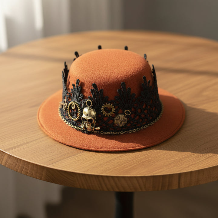 Brown Steampunk Lace Hat With a Skull