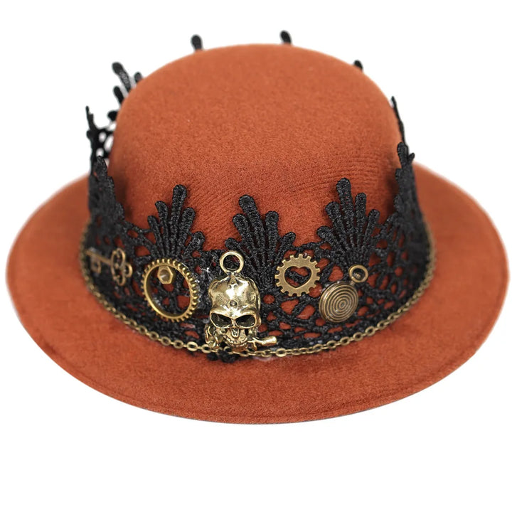 Brown Steampunk Lace Hat With a Skull chic