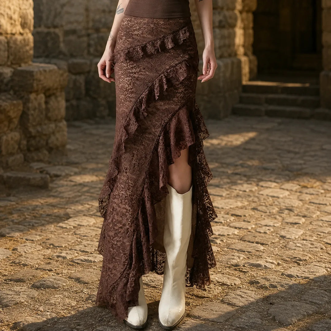 Brown Steampunk Skirt With Asymmetrical Ruffles