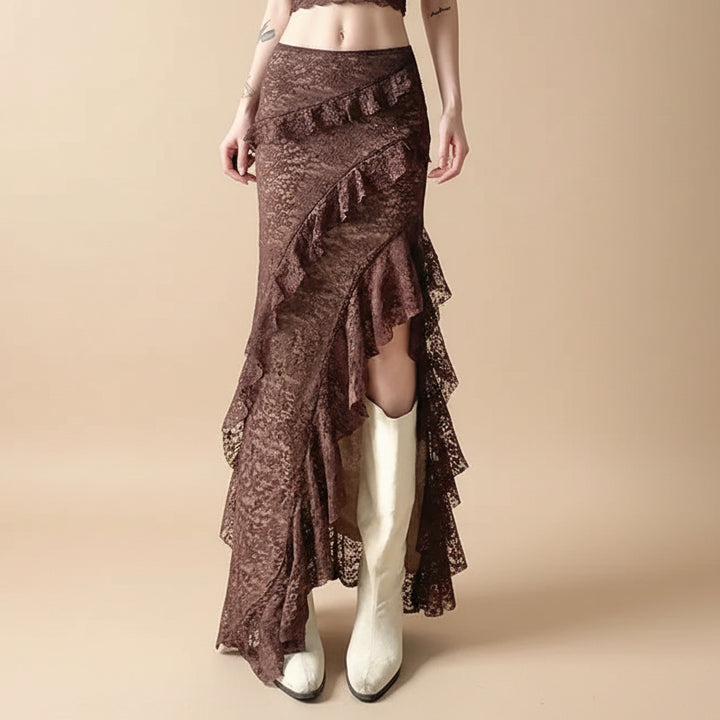 Brown Steampunk Skirt With Asymmetrical Ruffles