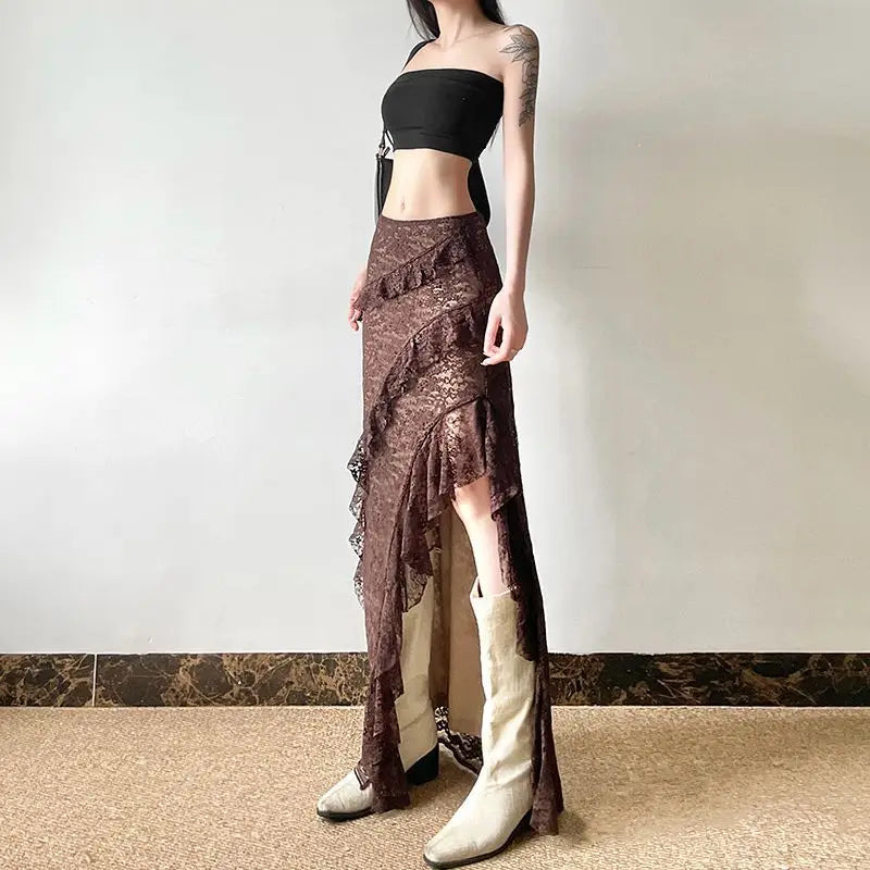 Brown Steampunk Skirt With Asymmetrical Ruffles bold