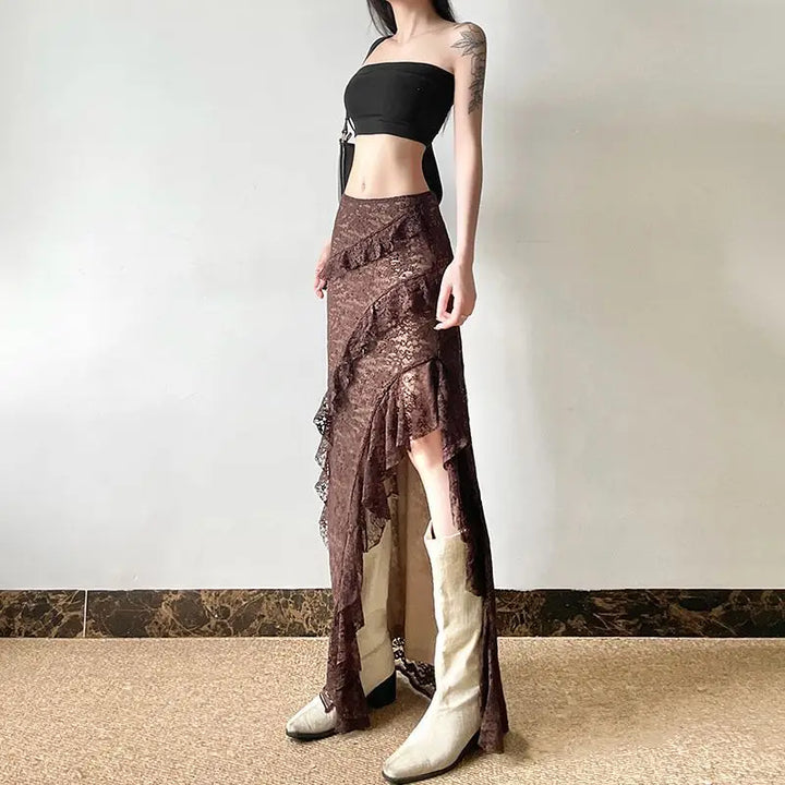 Brown Steampunk Skirt With Asymmetrical Ruffles bold