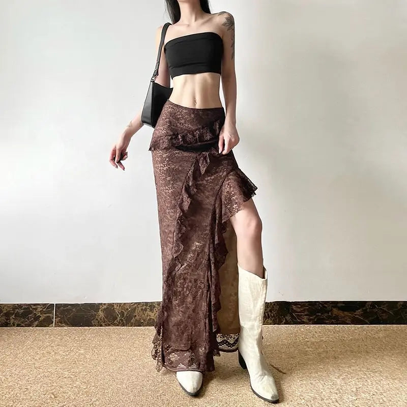 Brown Steampunk Skirt With Asymmetrical Ruffles edgy