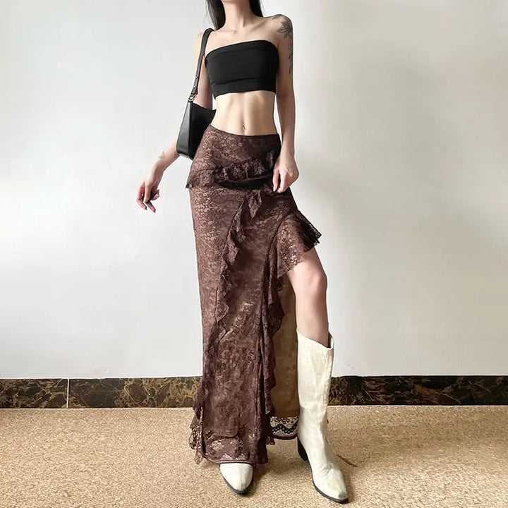 Brown Steampunk Skirt With Asymmetrical Ruffles edgy