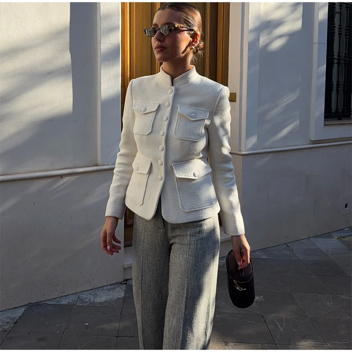 Chic Steampunk Multi-Pocket Jacket White