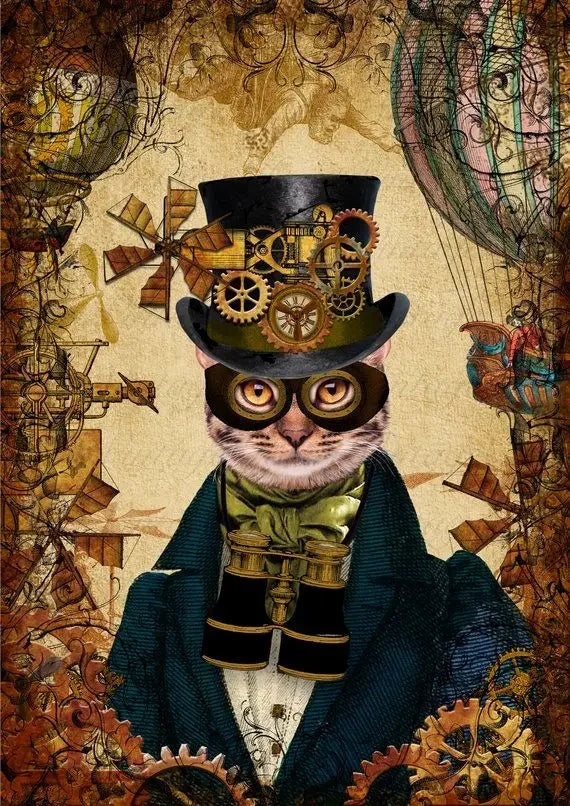Colorful Steampunk Cat Wall Art