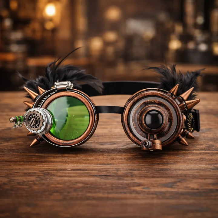 Copper-colored Steampunk Goggles with Feathers Green
