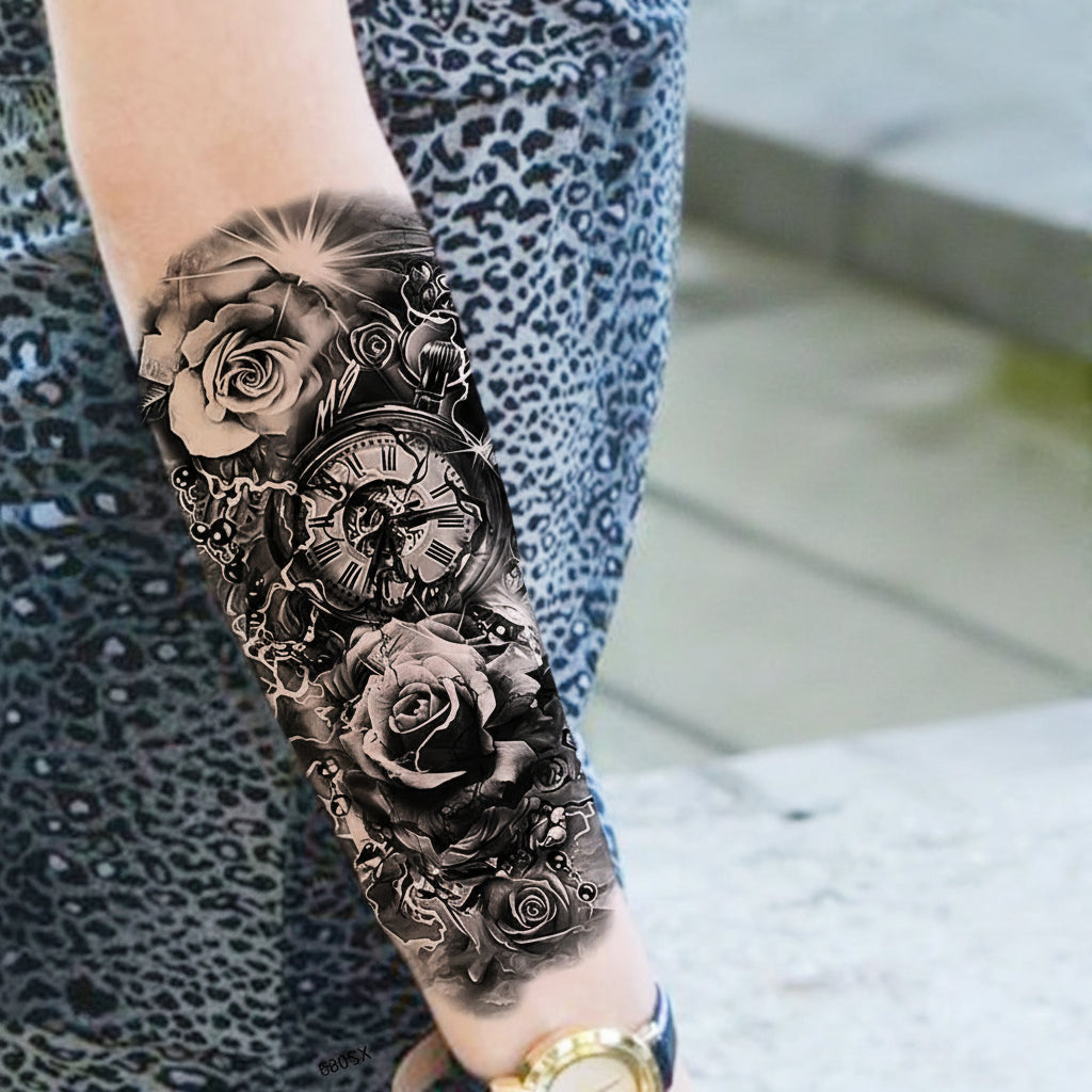 Creative Steampunk Rose Clock Tattoo