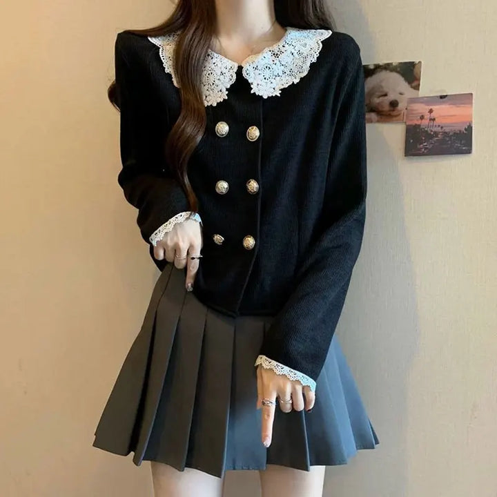 Double-Breasted Lace Collar Steampunk Shirt Black