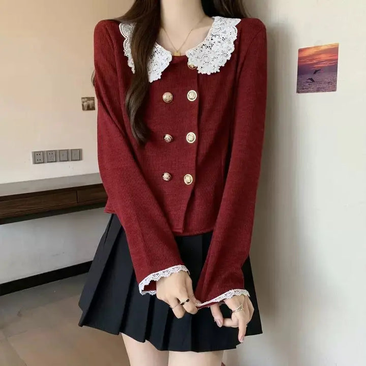 Double-Breasted Lace Collar Steampunk Shirt Red