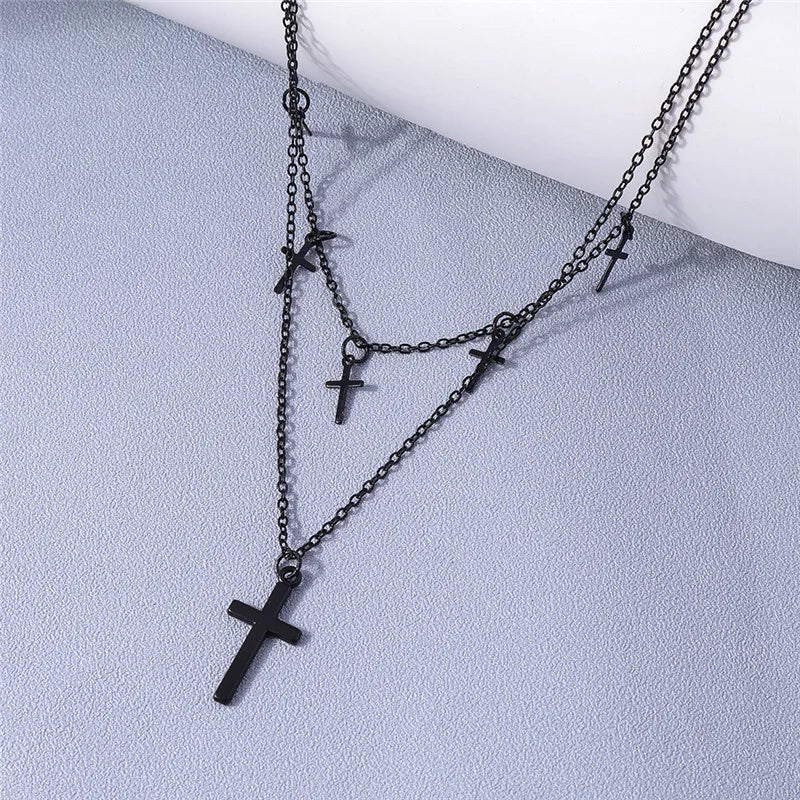 Double Chain Steampunk Necklace With Cross