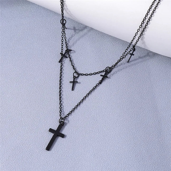 Double Chain Steampunk Necklace With Cross