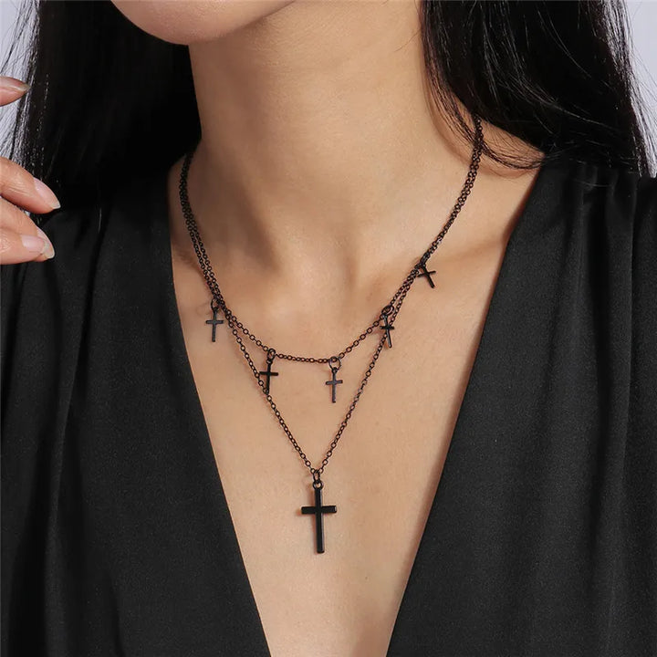 Double Chain Steampunk Necklace With Cross stylish