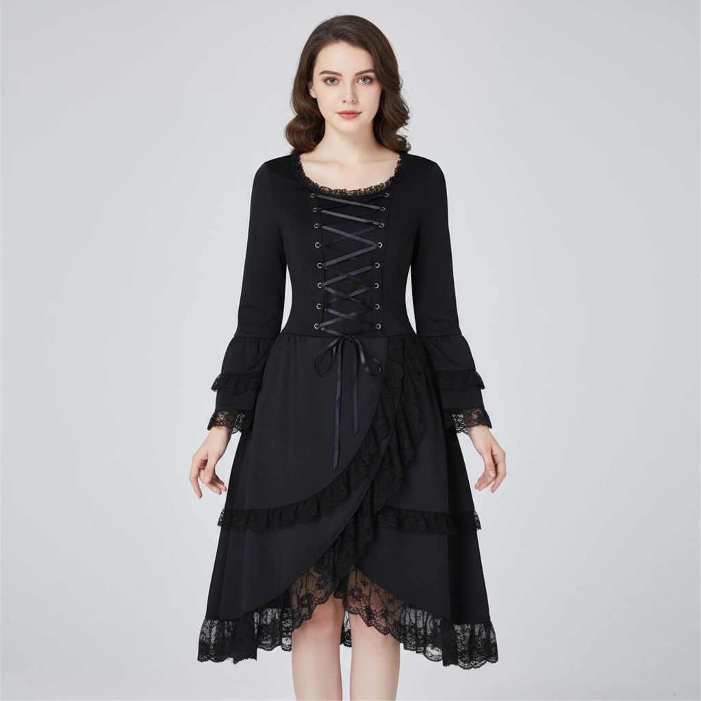 Elegant Black Steampunk Dress with Lacing