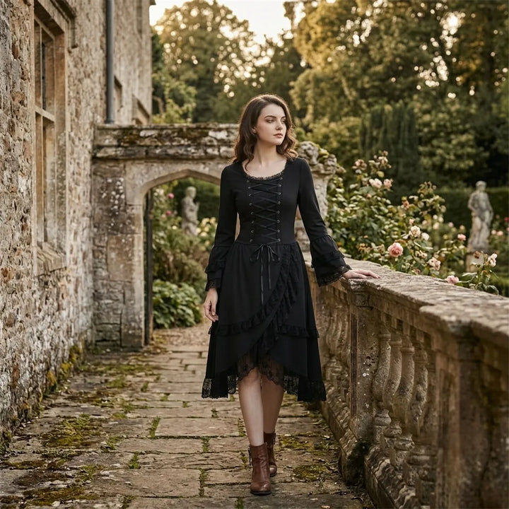Elegant Black Steampunk Dress with Lacing