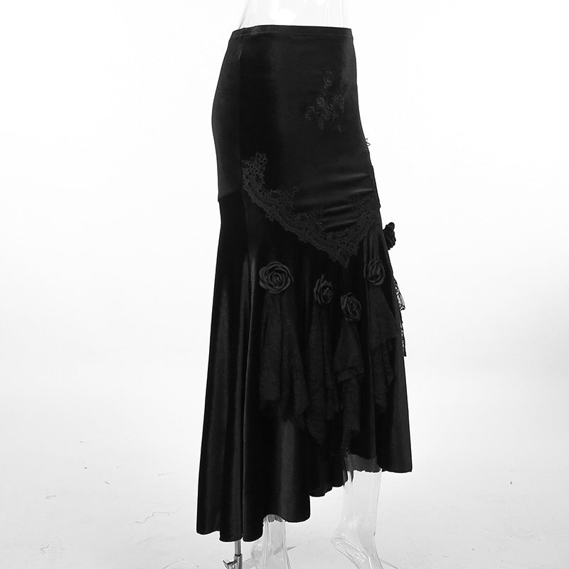 Elegant Steampunk Maxi Skirt With Rose Flowers feminine