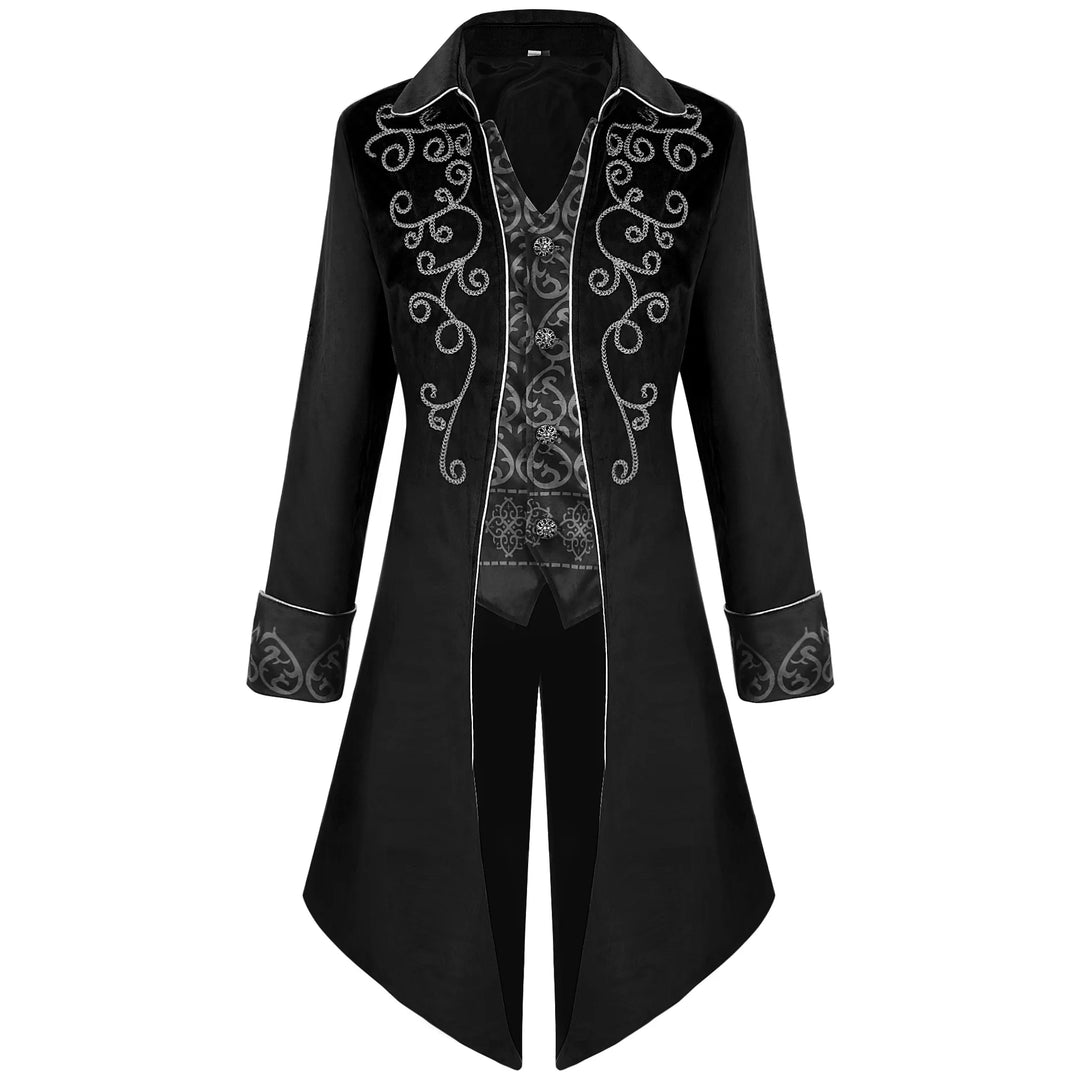 Embroidered Steampunk Long Coat Black