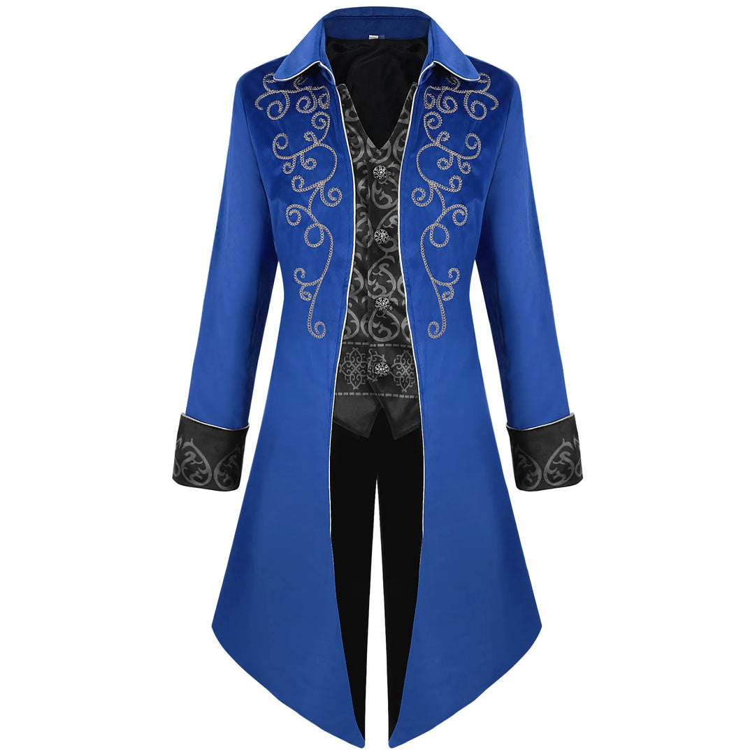 Embroidered Steampunk Long Coat Blue