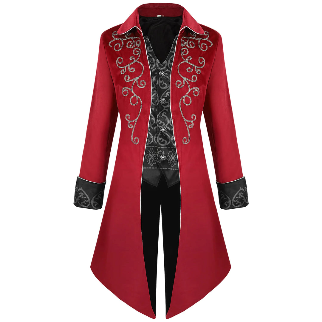 Embroidered Steampunk Long Coat Red