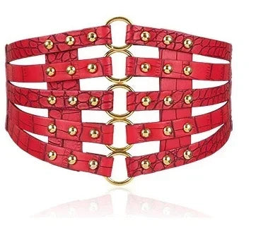 Faux Leather Steampunk Belt with Buckles Red