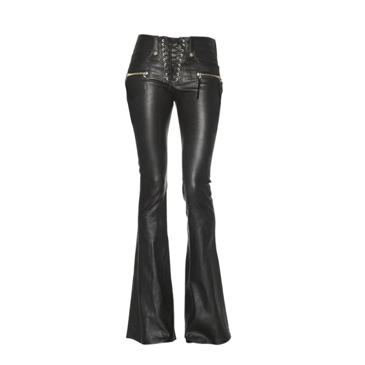 Faux Leather Steampunk Flare Pants Black