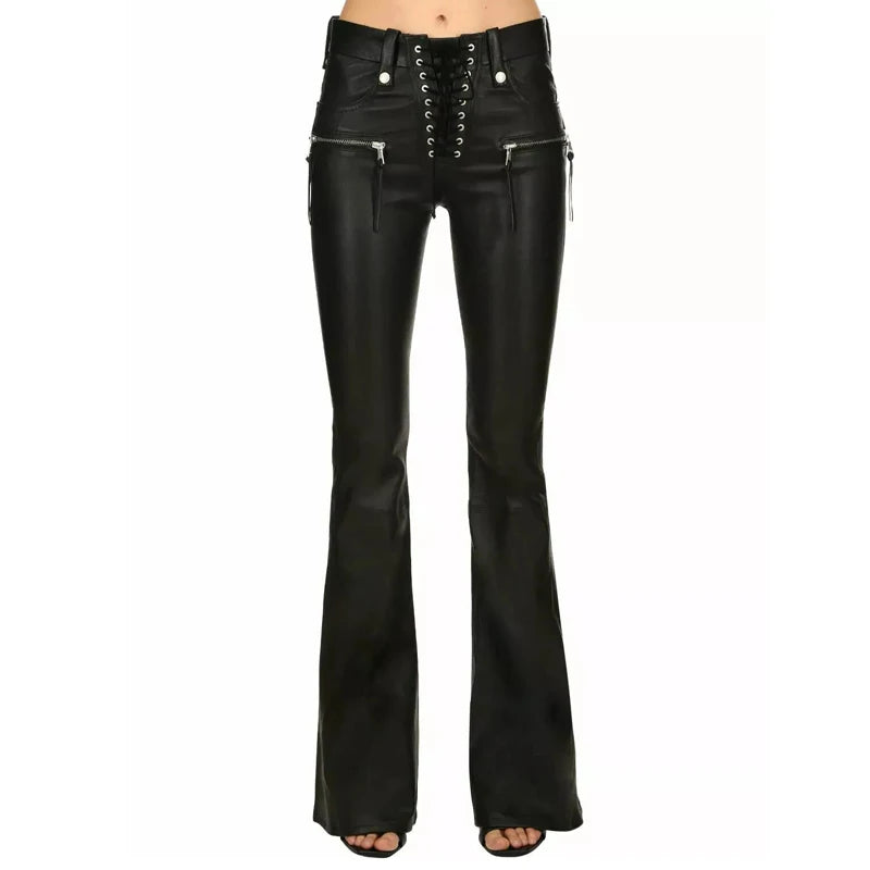 Faux Leather Steampunk Flare Pants Black Stylish