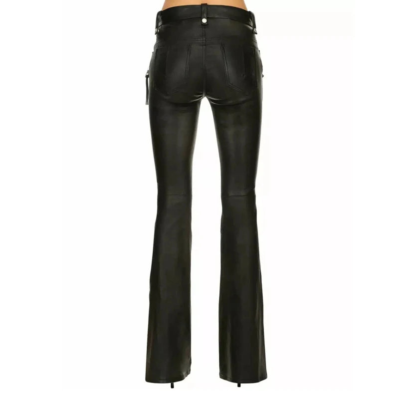 Faux Leather Steampunk Flare Pants Black Stylish Back