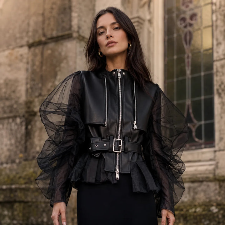 Faux Leather Steampunk Jacket With Puff Sleeves