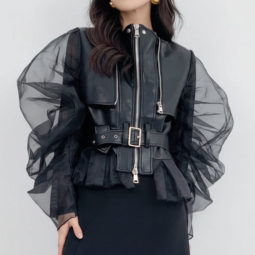 Faux Leather Steampunk Jacket With Puff Sleeves