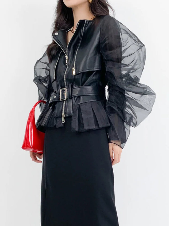 Faux Leather Steampunk Jacket With Puff Sleeves edgy
