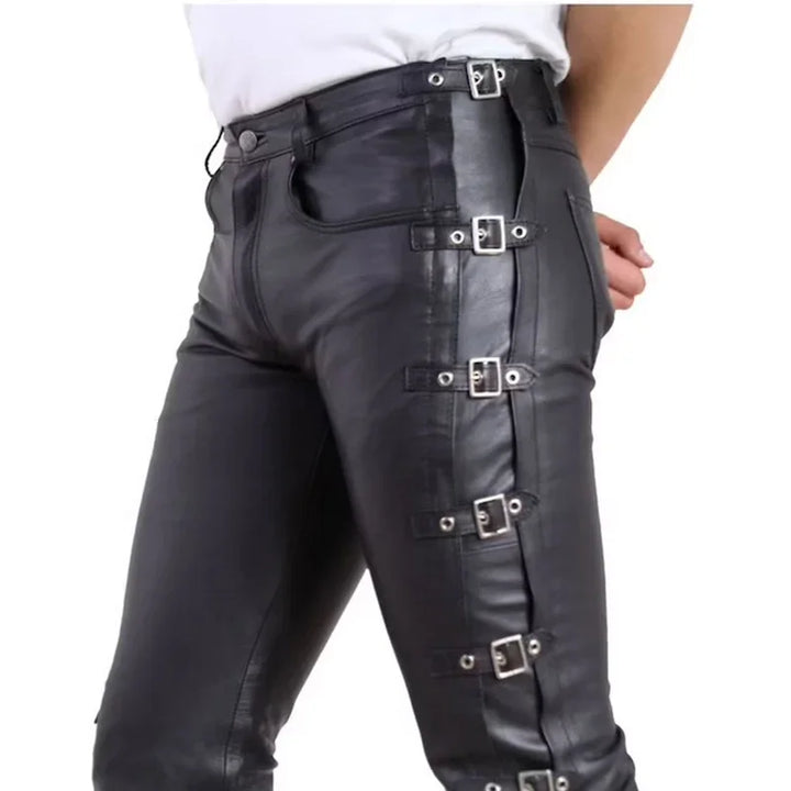 Faux leather slim-fit steampunk pants fitted silhouette