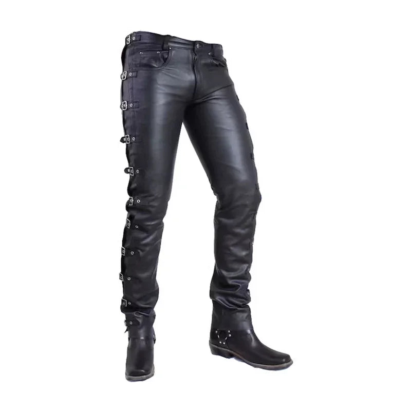 Faux leather slim-fit steampunk pants glossy finish