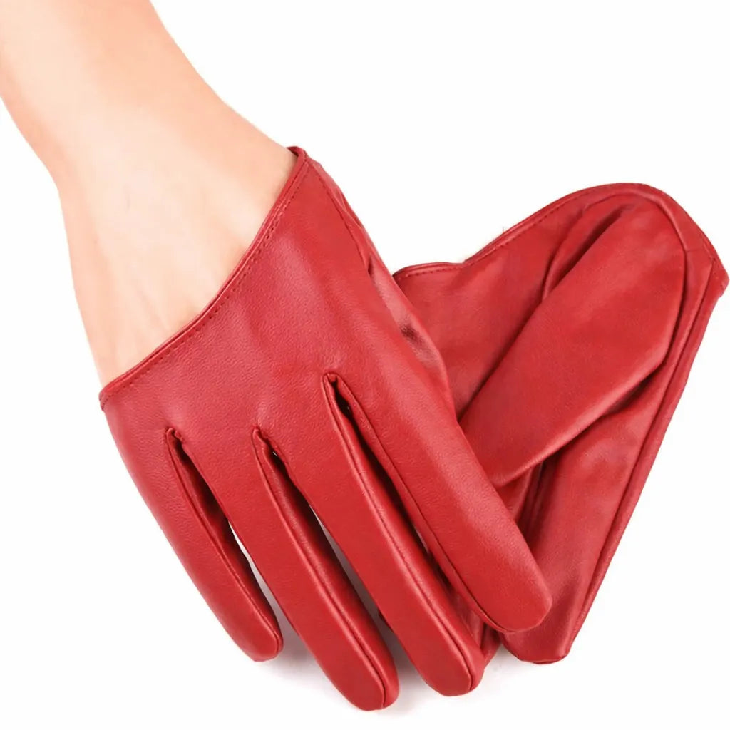Five-Finger Steampunk Half-Palm Gloves Leather Red