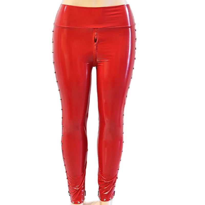 Glossy Riveted Steampunk Leggings Red