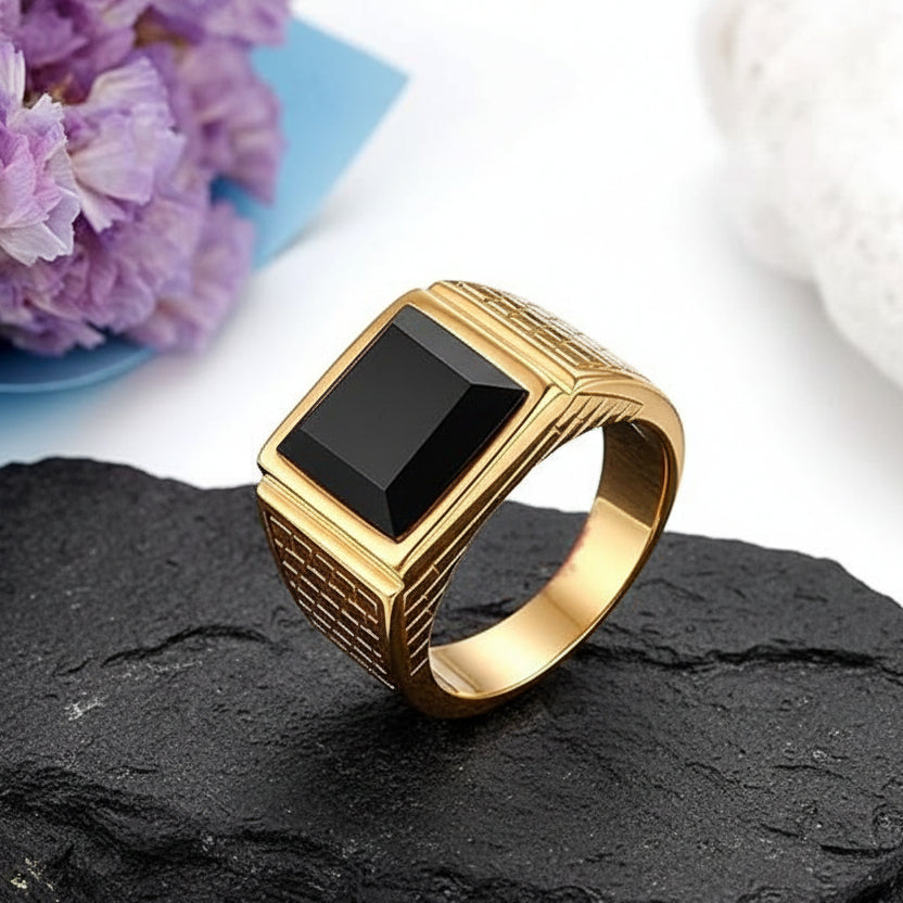 Gold Steampunk Ring With Square Black Stone