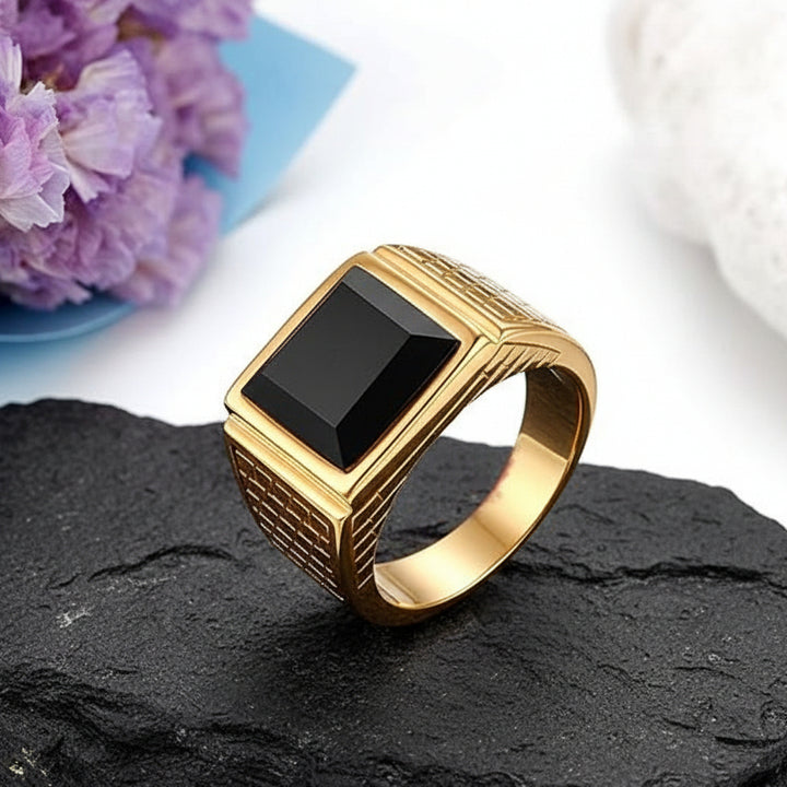 Gold Steampunk Ring With Square Black Stone