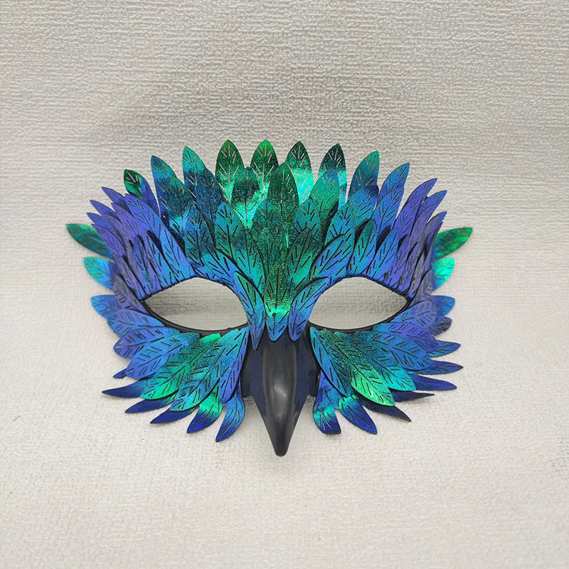Gothic Steampunk Half-Face Mask With Raven Feathers blue