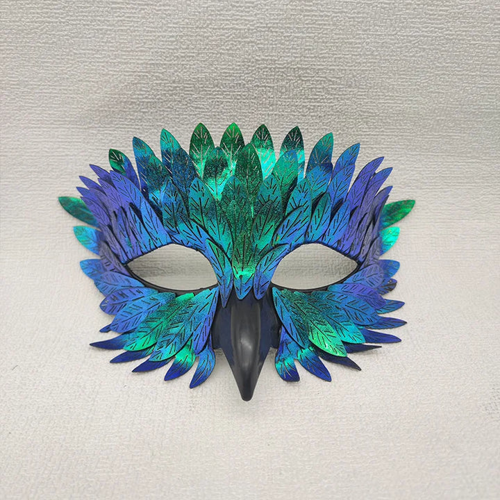 Gothic Steampunk Half-Face Mask With Raven Feathers blue