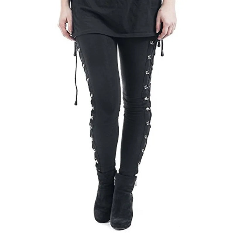 Gothic Steampunk Slim-Fit Lace-Up Pants Black
