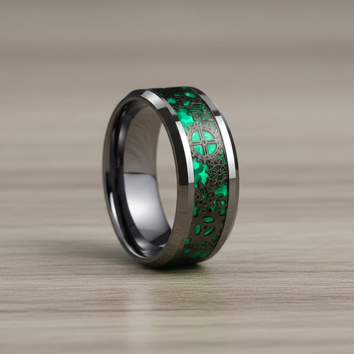 Green Polished Steampunk Ring With Gears